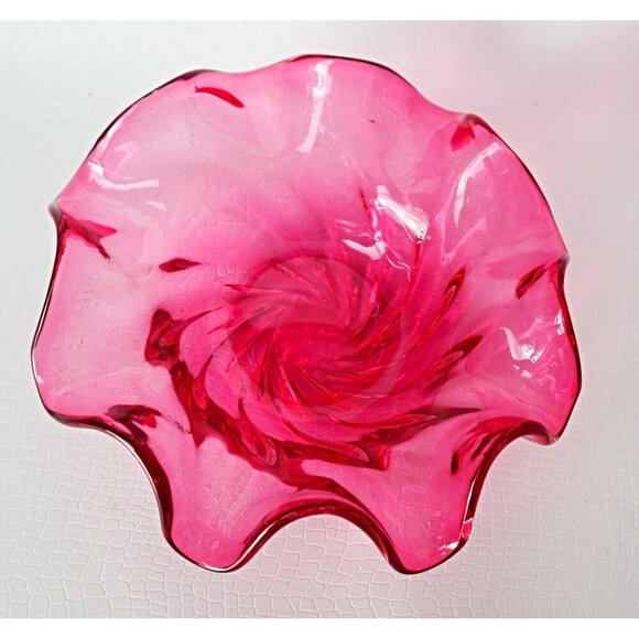 Vintage Cranberry Hand Blown Glass Ruffled Bowl Candy Dish Centerpiece - Picture 3 of 6